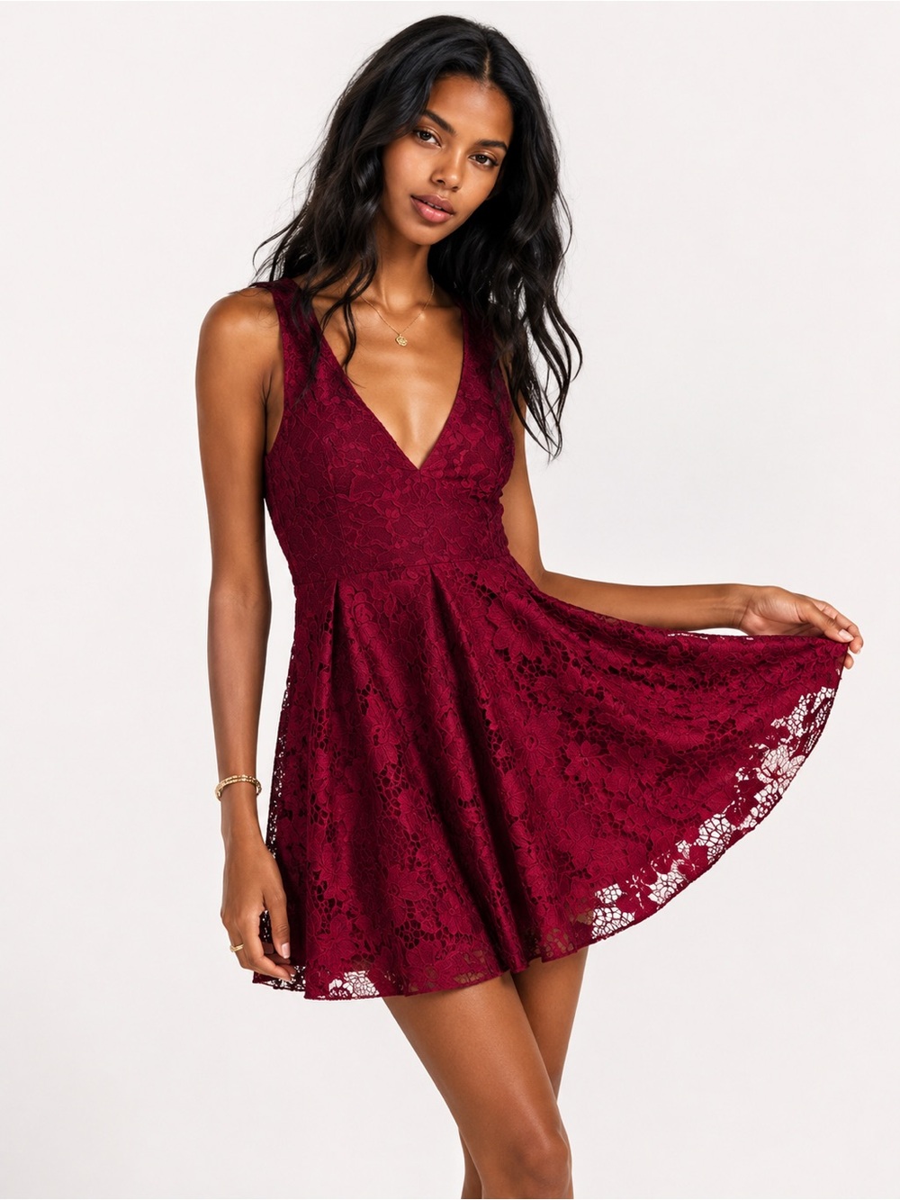 Free People Burgundy Lace V-Neck Mini Dress